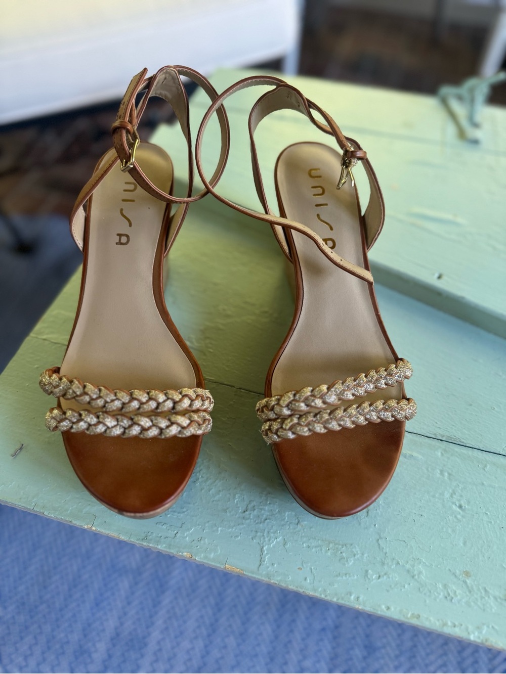 Unisa Brown Braided-Strap Ankle Wrap Sandals with Gold Braid